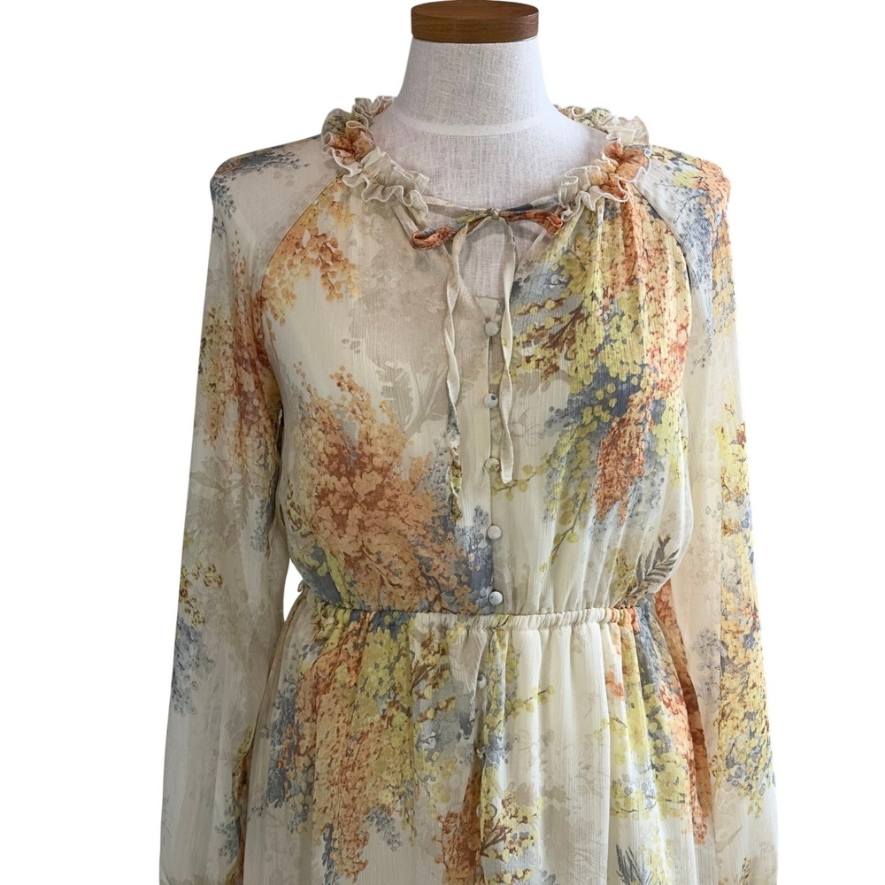 Romantic Feminine Boho INDIGO ROSE Floral Dress Size M Ruffle Cottage Flowy Knee - Picture 3 of 16